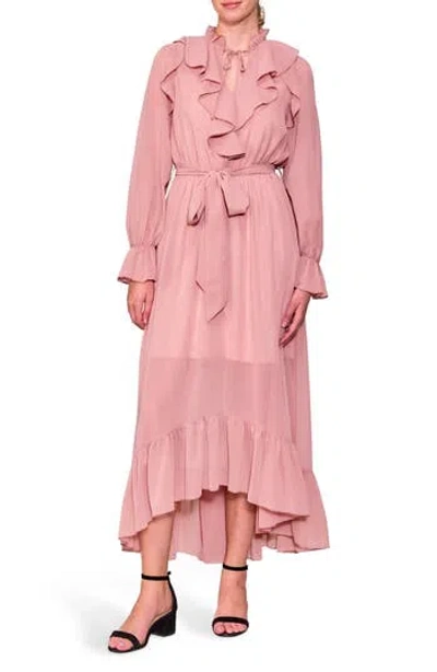 Melloday Long Sleeve Ruffle Chiffon Dress In Pink