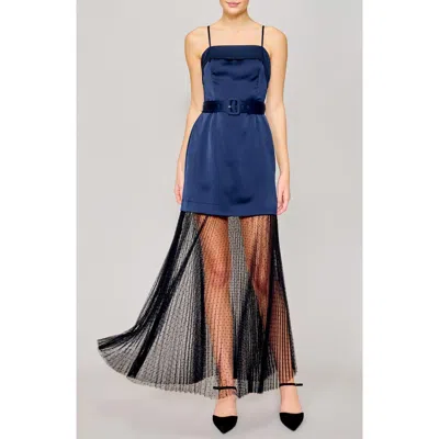 Melloday Mixed Media Illusion Dress In Navy