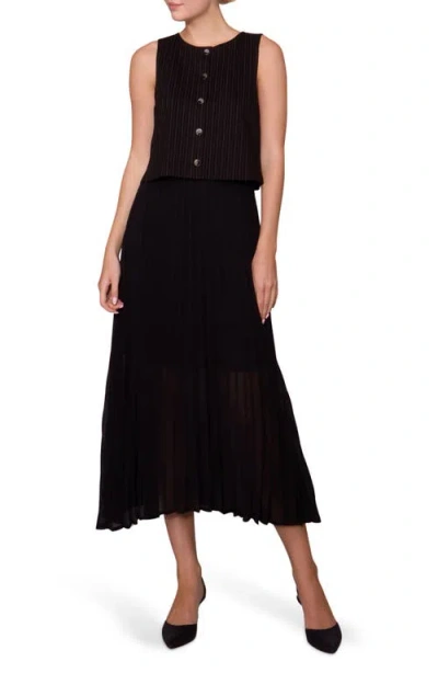 Melloday Mixed Media Pinstripe & Chiffon Dress In Black