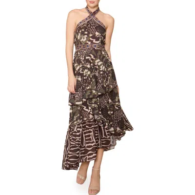 Melloday Mixed Print Tiered Asymmetric Hem Halter Dress In Brown