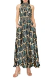 Melloday Mock Neck Maxi Dress In Green/gold