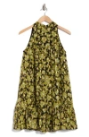 Melloday Mock Neck Sleeveless Trapeze Dress In Olive Multi