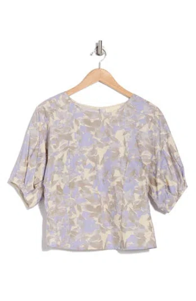 Melloday Oversize Short Sleeve Poplin Top In Dusty Blue Ivory Floral