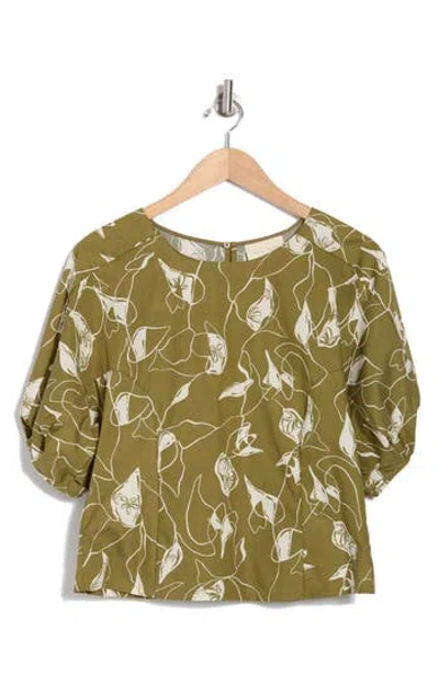 Melloday Oversize Short Sleeve Poplin Top In Green Ivory Print
