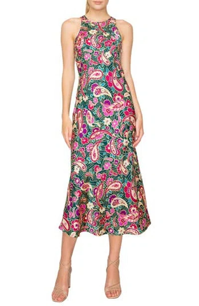Melloday Paisley Bias Midi Dress In Emerald Multi