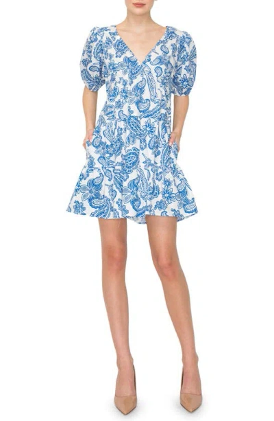 Melloday Paisley Floral Puff Sleeve Minidress In Ivory/ Blue Paisley