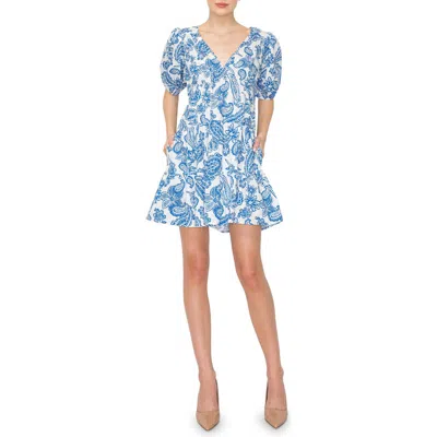 Melloday Paisley Floral Puff Sleeve Minidress In Blue