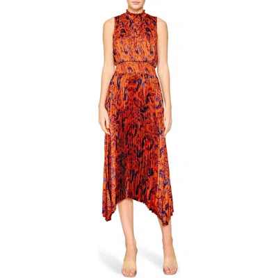 Melloday Paisley Pleated Handkerchief Hem Dress In Rust/navy Paisley