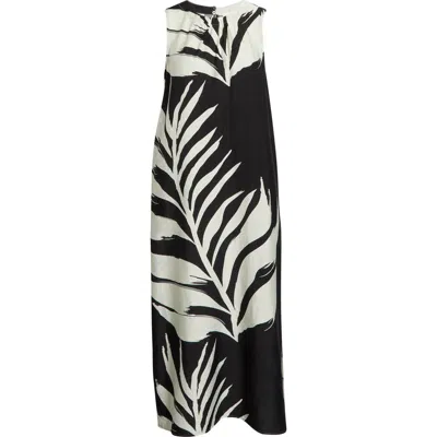 Melloday Palm Print Sleeveless Shift Midi Dress In Black