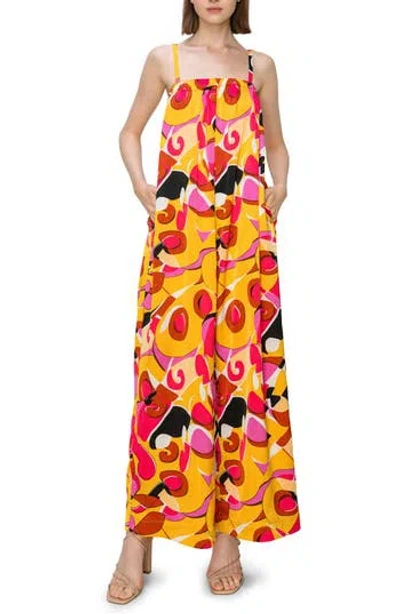 Melloday Patterned Pocket Jumpsuit In Pink/brown Multi