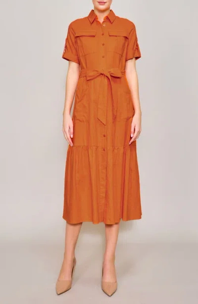 Melloday Peplum Hem Cotton Blend Shirtdress In Orange