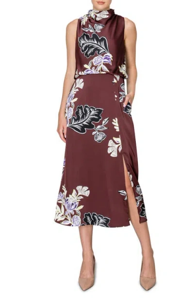 Melloday Placed Floral Print Sleeveless Dress In Chocolate Floral