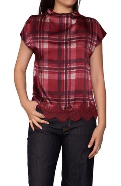 Melloday Plaid Cap Sleeve Lace Trim Satin Top In Burgundy