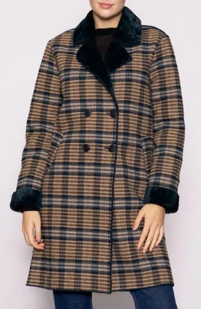 Melloday Plaid Faux Fur Topper Coat In Brown