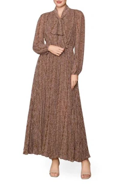 Melloday Pleated Long Sleeve Maxi Dress In Brown