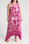 Melloday Pleated Satin Maxi Dress In Magenta/ivory Print