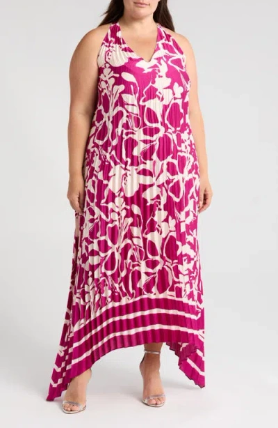 Melloday Pleated Satin Maxi Dress In Magenta/ivory Print