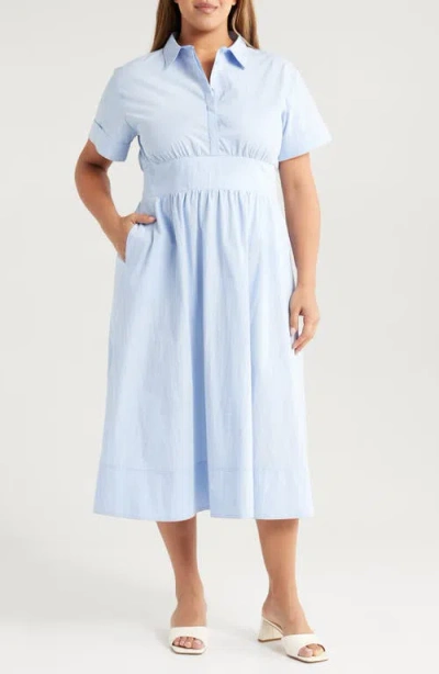 Melloday Poplin Short Sleeve Midi Dress In Sky Blue