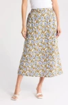 Melloday Poplin Skirt In Khaki Dusty Blue Floral