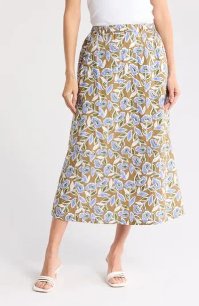 Melloday Poplin Skirt In Khaki Dusty Blue Floral
