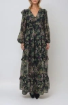 Melloday Print Ruffle Long Sleeve Chiffon Maxi Dress In Black
