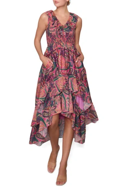 Melloday Print Ruffle Organza Sleeveless High-low Maxi Dress In Multi