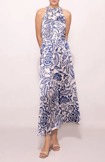 Melloday Print Ruffle Sleeveless Maxi Dress In Blue