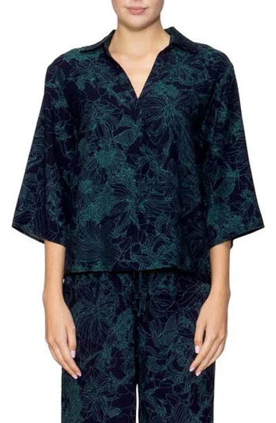 Melloday Print Three-quarter Sleeve Woven Top In Blue