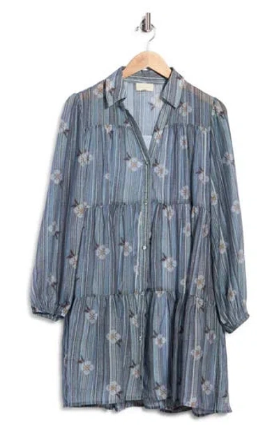 Melloday Print Tiered Mini Shirtdress In Denim Blue Multi