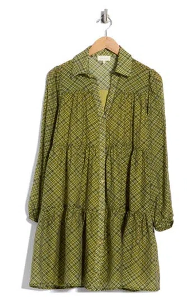 Melloday Print Tiered Mini Shirtdress In Fennel Plaid