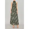 Melloday Printed Mock Neck Chiffon Maxi Dress In Khaki Charcoal Multi