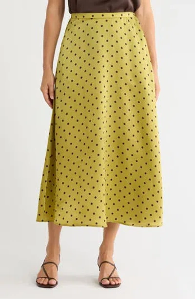 Melloday Printed Satin Midi Skirt In Pistachio Brown Dot