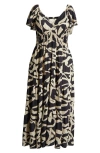 Melloday Printed Shirred Waist Tiered Maxi Sundress In Black Ivory