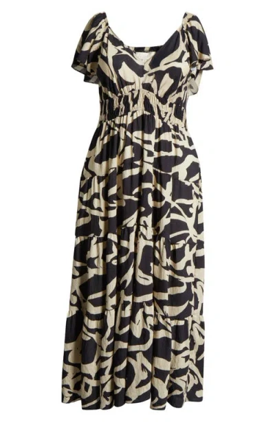 Melloday Printed Shirred Waist Tiered Maxi Sundress In Black Ivory