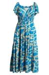 Melloday Printed Shirred Waist Tiered Maxi Sundress In Blue Ivory