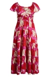 Melloday Printed Shirred Waist Tiered Maxi Sundress In Magenta Red