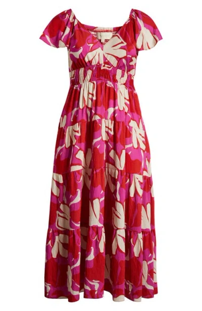 Melloday Printed Shirred Waist Tiered Maxi Sundress In Magenta Red