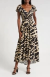 Melloday Printed Shirred Waist Tiered Maxi Sundress In Black/ Taupe Print