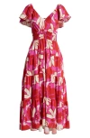 Melloday Printed Smocked Waist Maxi Sundress In Magenta Red