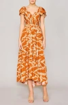 Melloday Printed Smocked Waist Maxi Sundress In Orange Ivory