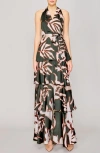 Melloday Printed Tiered Faux Wrap Maxi Cocktail Dress In Dark Olive/bone Leaf