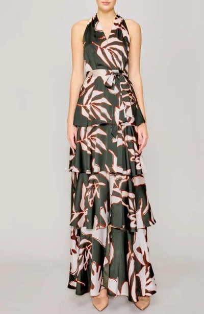 Melloday Printed Tiered Faux Wrap Maxi Cocktail Dress In Dark Olive/bone Leaf