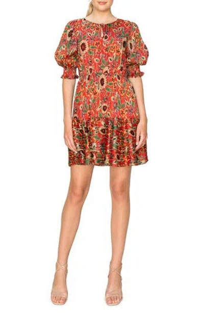 Melloday Puff Sleeve Dress In Red Multi