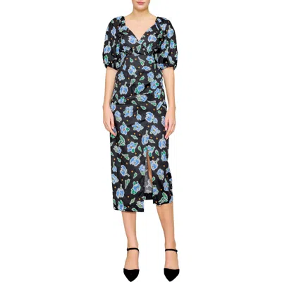 Melloday Puff Sleeve Poplin Faux Wrap Midi Dress In Black Multi