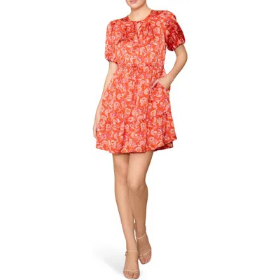 Melloday Puff Sleeve Print Minidress In Red