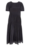 Melloday Puff Sleeve Smocked Tiered Midi Dress In Black