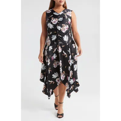 Melloday Ruched Handkerchief Satin Midi Dress In Black Floral Multi Floral