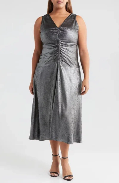 Melloday Ruched Metallic Sleeveless Maxi Dress In Silver