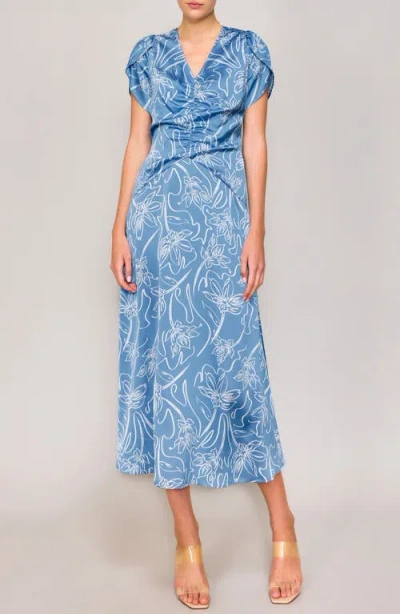 Melloday Ruched Tulip Sleeve Maxi Dress In Blue/ivory Print