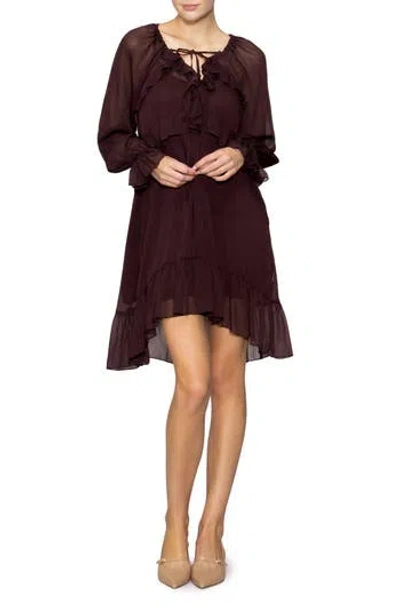 Melloday Ruffle Long Sleeve Chiffon Babydoll Dress In Burgundy